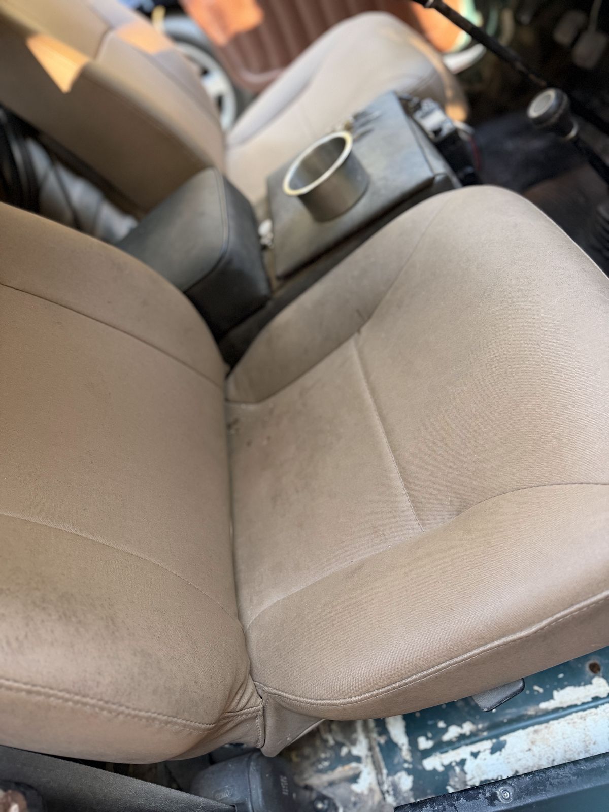 Classic Jeep, passenger seat and console, before detailing